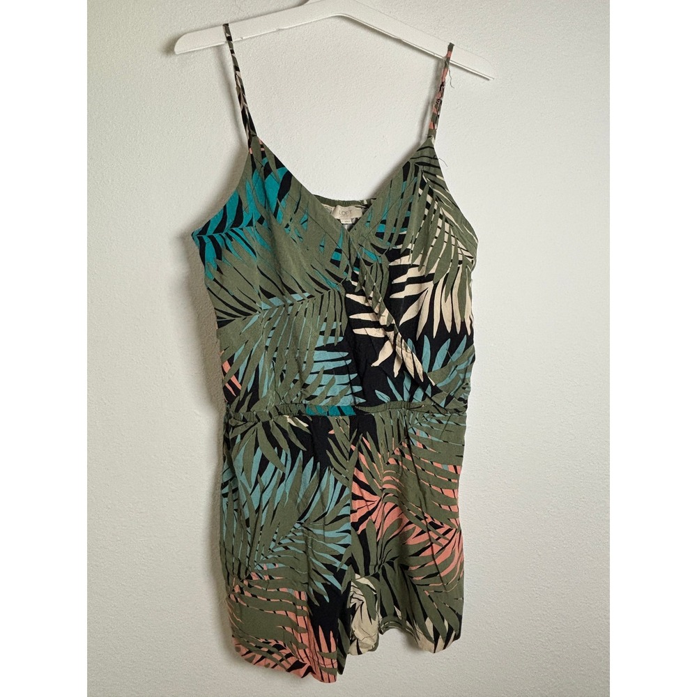 Loft Outlet Tropical Palm Leaf Print Romper Green Pink Large Surplice Sleeveless